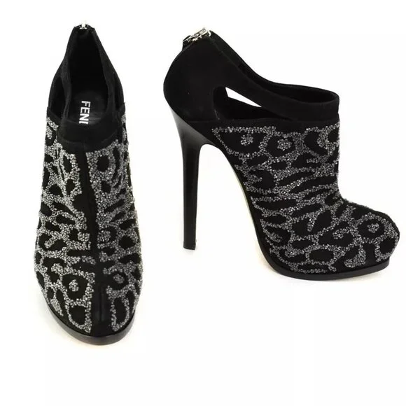 Fendi Size 37 Crystal Embellished Black Suede Platform High Heel Ankle Booties